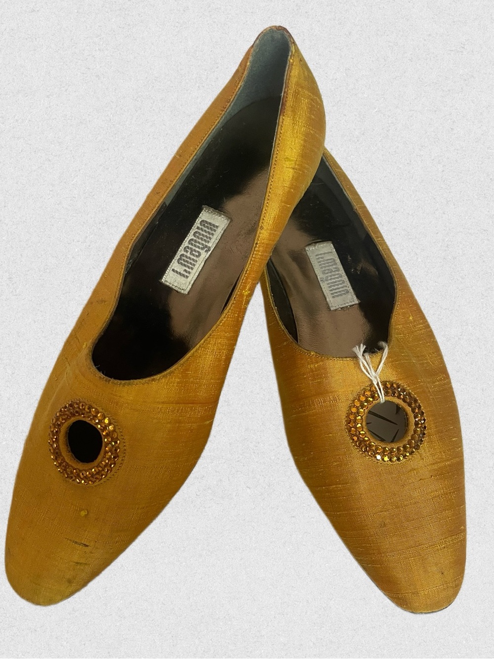 Vintage I.Magnin Silk & Leather Yellow Gold & Embellished Women's Flat Shoes